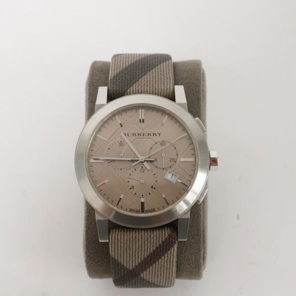 Burberry The City Smoke Beige Dial Checked Brown Leather Strap Watch for Men - BU9358