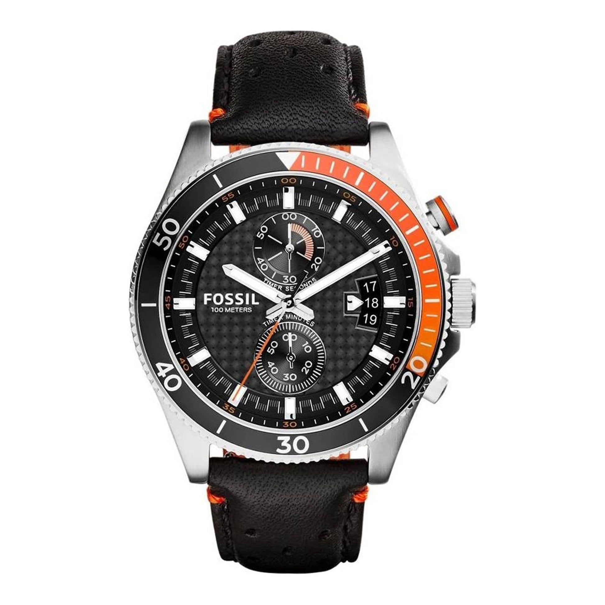 Fossil Wakefield Chronograph Black Dial Black Leather Strap Watch for Men - CH2953