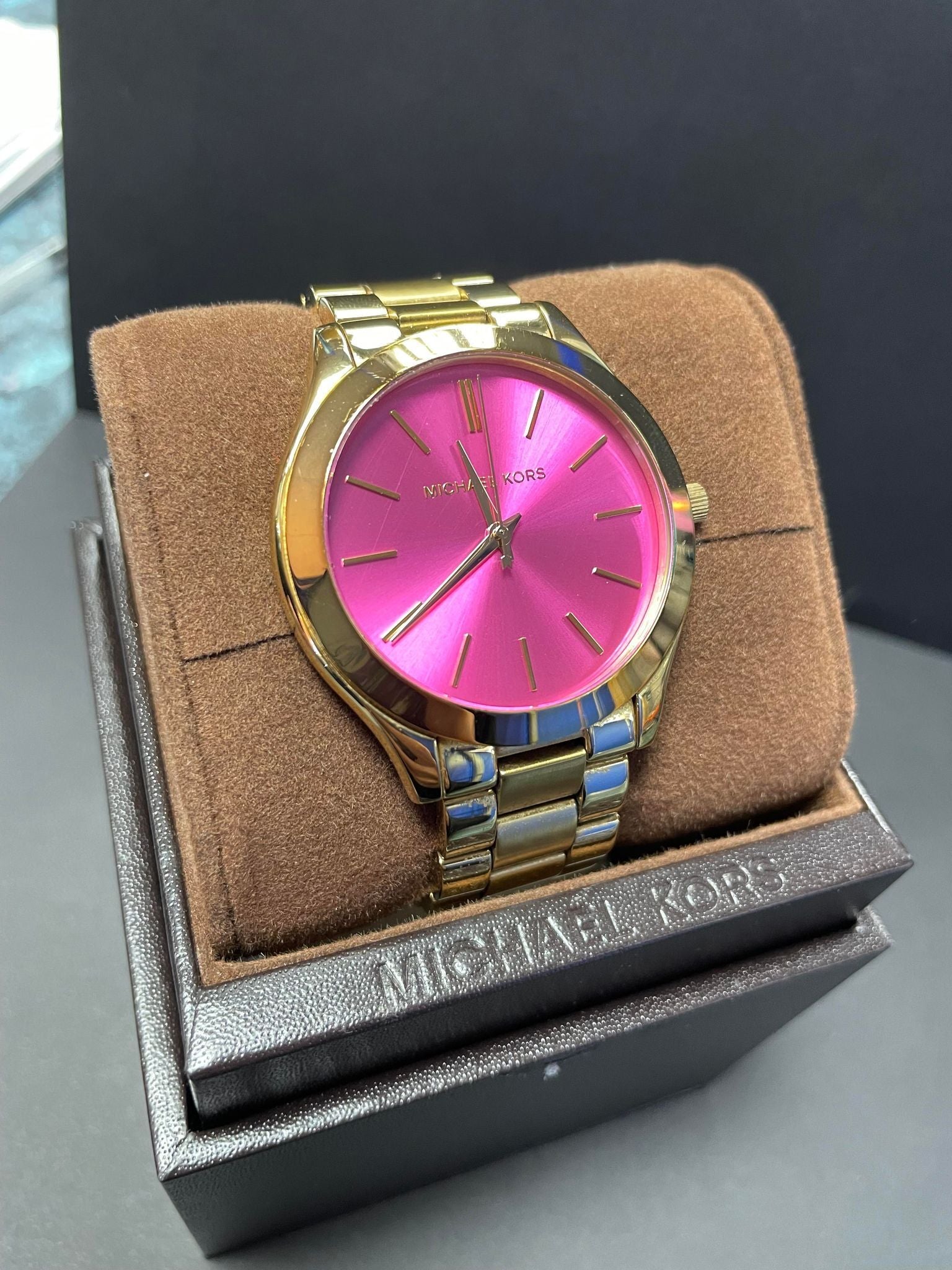 Michael Kors Slim Runway Pink Dial Rose Gold Steel Strap Watch for Women - MK3264