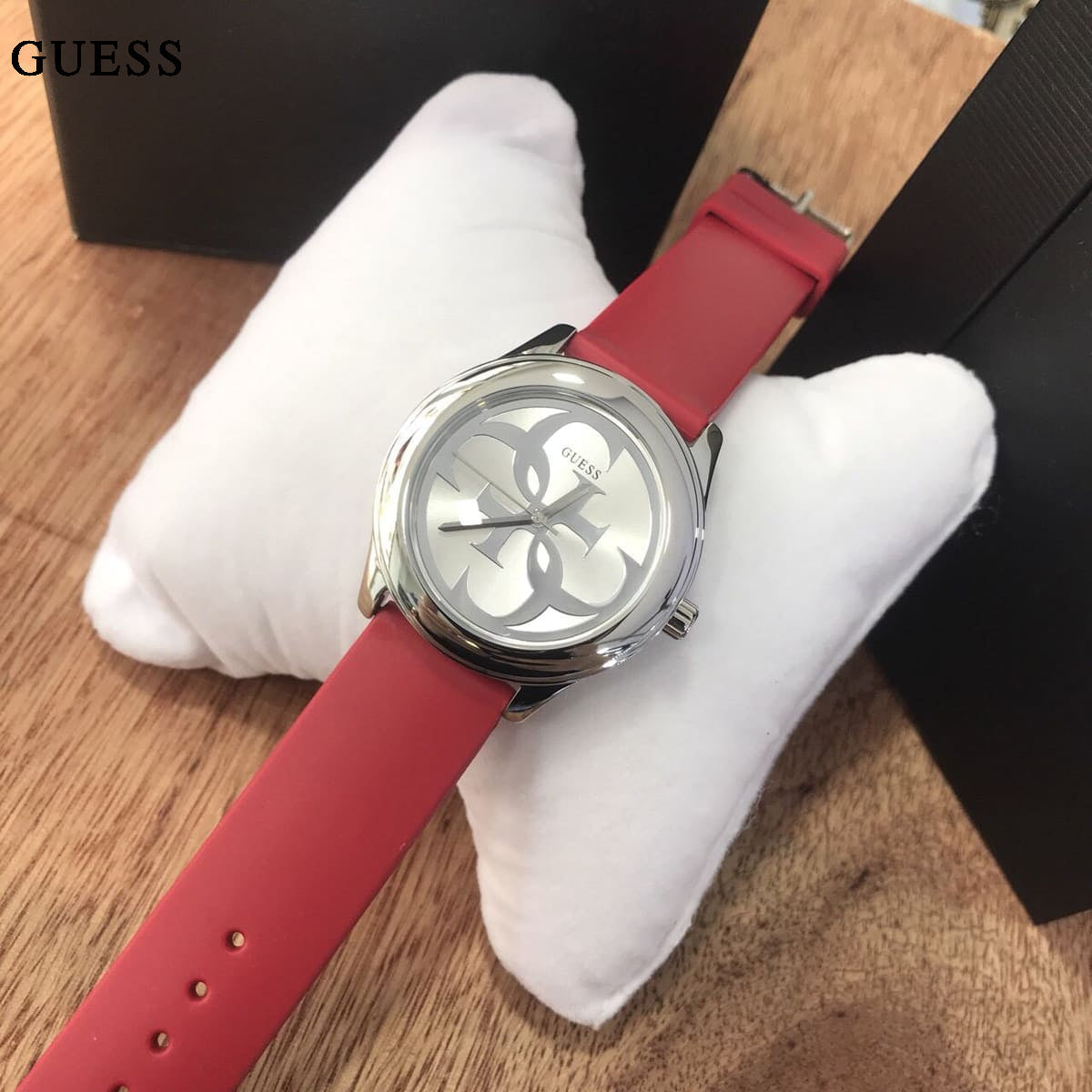 Guess G-Twist Silver Dial Red Rubber Strap Watch for Women - W0911L9