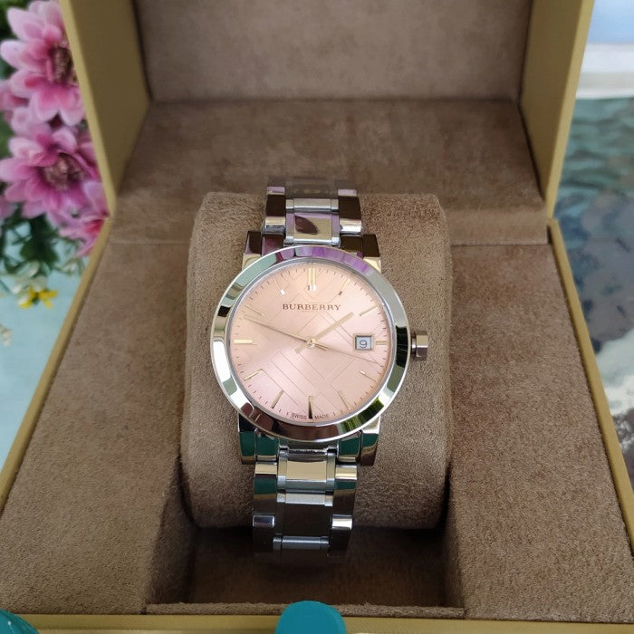 Burberry The City Pink Dial Silver Steel Strap Watch for Women - BU9124