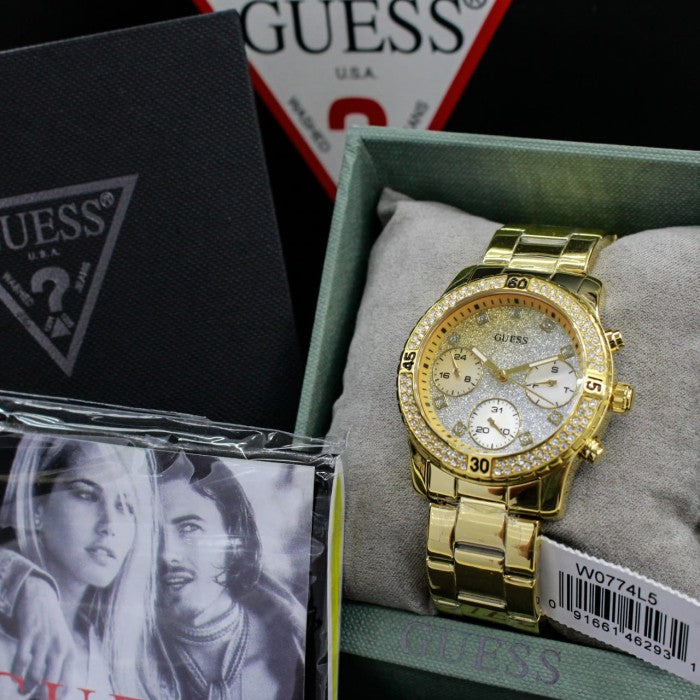 Guess Confetti Diamonds Silver Dial Gold Steel Strap Watch for Women - W0774L5