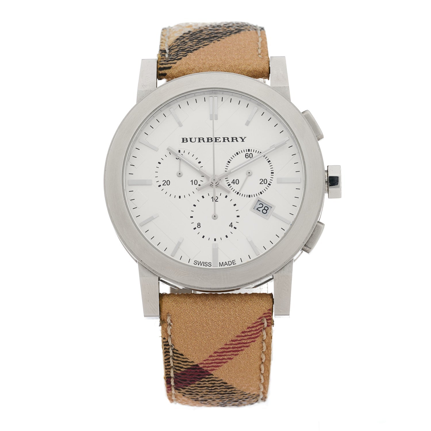 Burberry The City Chronograph White Dial Haymarket Beige Leather Strap Watch For Men - BU9360