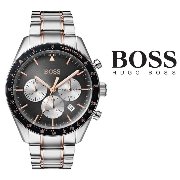 Hugo Boss Trophy Chronograph Grey Dial Silver Steel Strap Watch for Men - 1513634