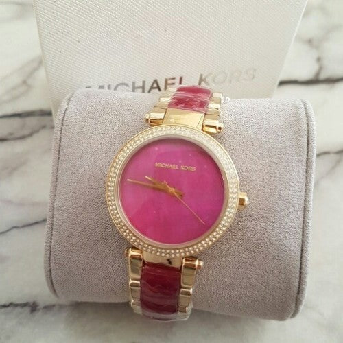 Michael Kors Parker Pink Mother of Pearl Dial Two Tone Steel Strap Watch for Women - MK6490