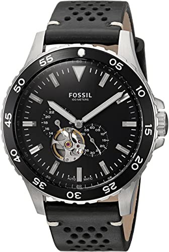 Fossil Crewmaster Sports Automatic Black Dial Black Leather Strap Watch for Men - ME3148