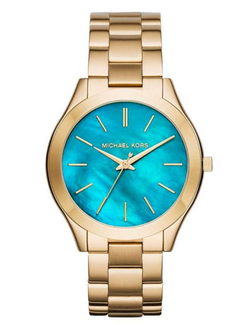 Michael Kors Slim Runway Blue Mother of Pearl Dial Gold Steel Strap Watch for Women - MK3492