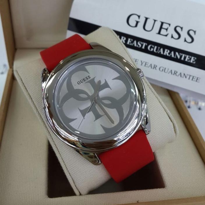 Guess G-Twist Silver Dial Red Rubber Strap Watch for Women - W0911L9