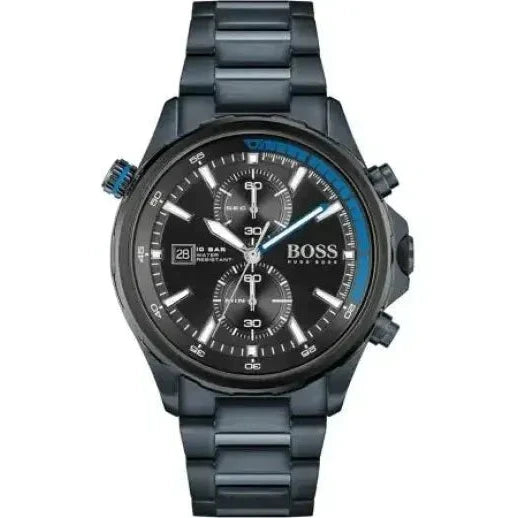 Hugo Boss Globetrotter Chronograph Black Dial Blue Steel Strap Watch for Men - 1513824