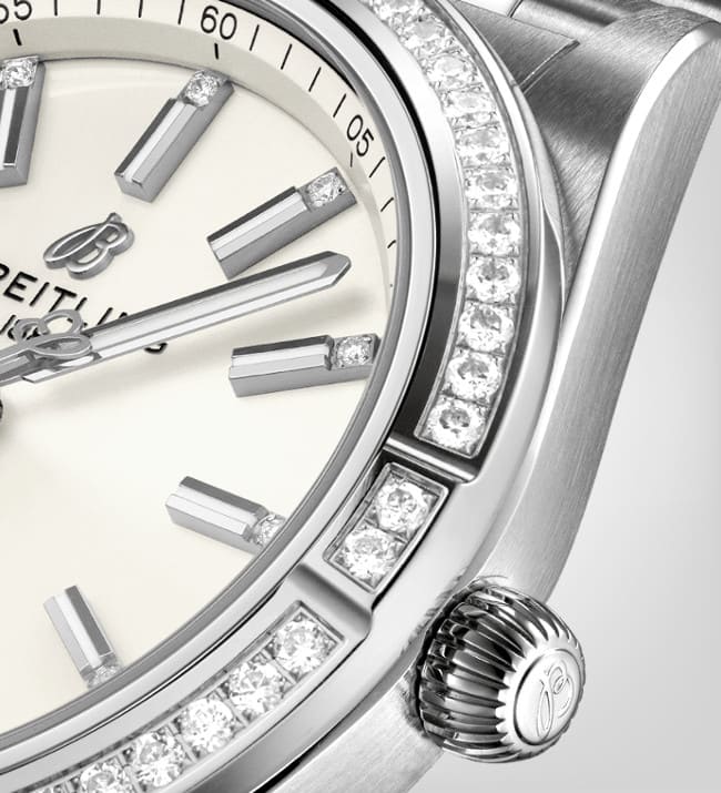 Breitling Chronomat Automatic 36 Diamonds White Dial Silver Steel Strap Watch for Women - A10380591A1A1