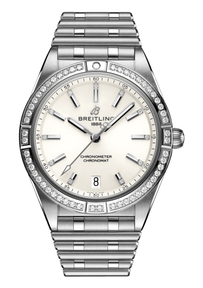 Breitling Chronomat Automatic 36 Diamonds White Dial Silver Steel Strap Watch for Women - A10380591A1A1