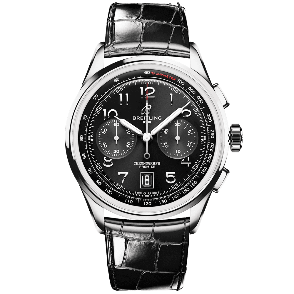 Breitling Premier B01 Chronograph 42 Black Dial Black Leather Strap Watch for Men - AB0145221B1P1