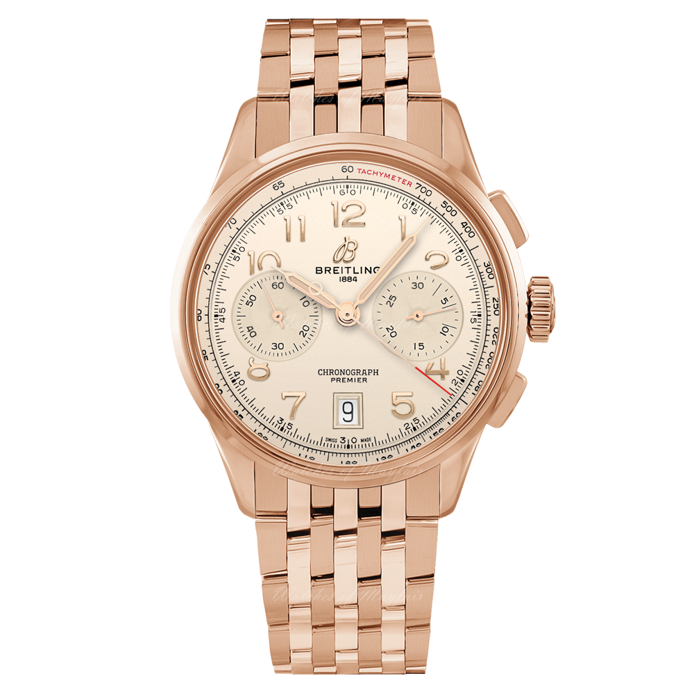 Breitling Premier B01 Chronograph 42 White Dial Rose Gold Steel Strap Watch for Men - RB0145371G1R1