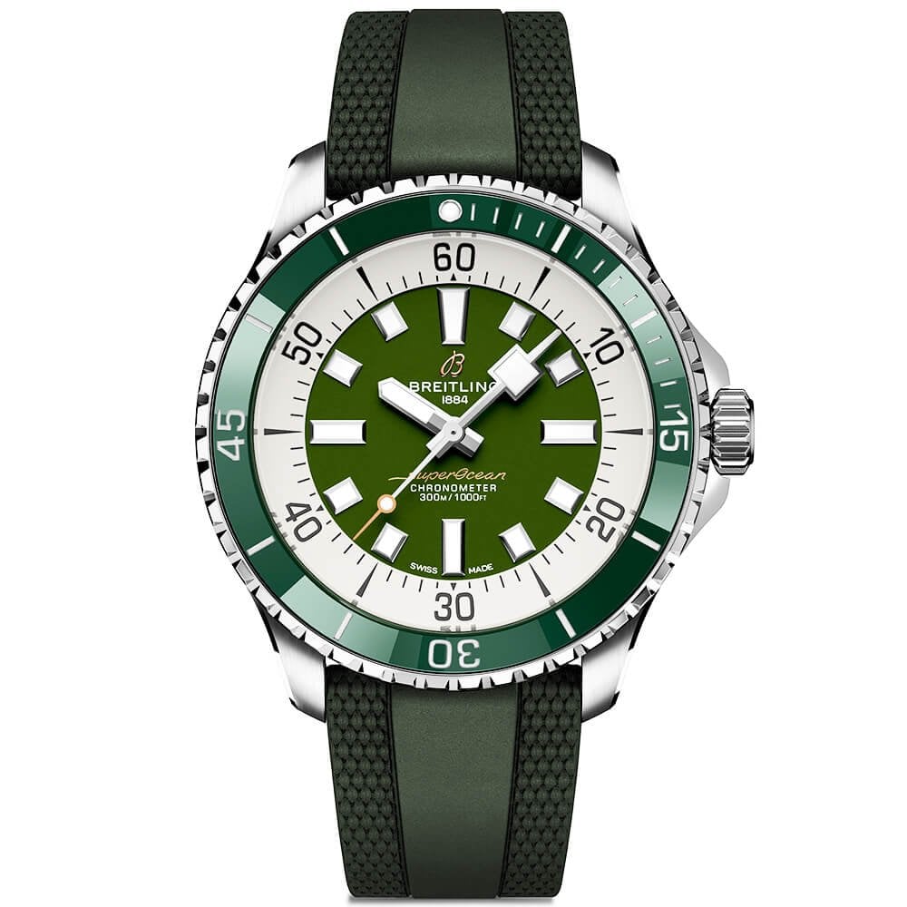 Breitling Superocean Automatic 44 Green Dial Green Rubber Strap Watch for Men - A17376A31L1S1