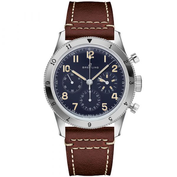 Breitling Avi 1953 Edition Platinum Chronograph Blue Dial Brown Leather Strap Watch for Men - LB0920131C1X1