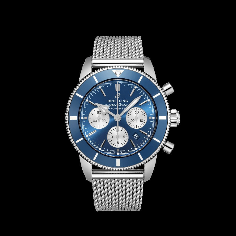 Breitling Superocean Heritage B01 Chronograph 44 Blue Dial Silver Mesh Bracelet Watch for Men - AB0162161C1A1