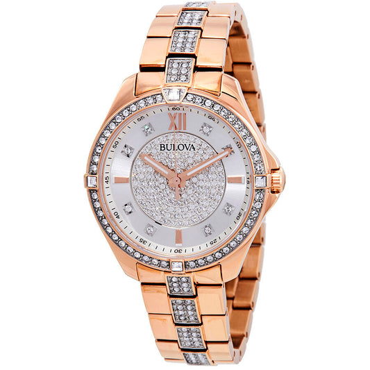 Bulova Crystal Collection Silver Dial Rose Gold Steel Strap Watch for Women - 98L229