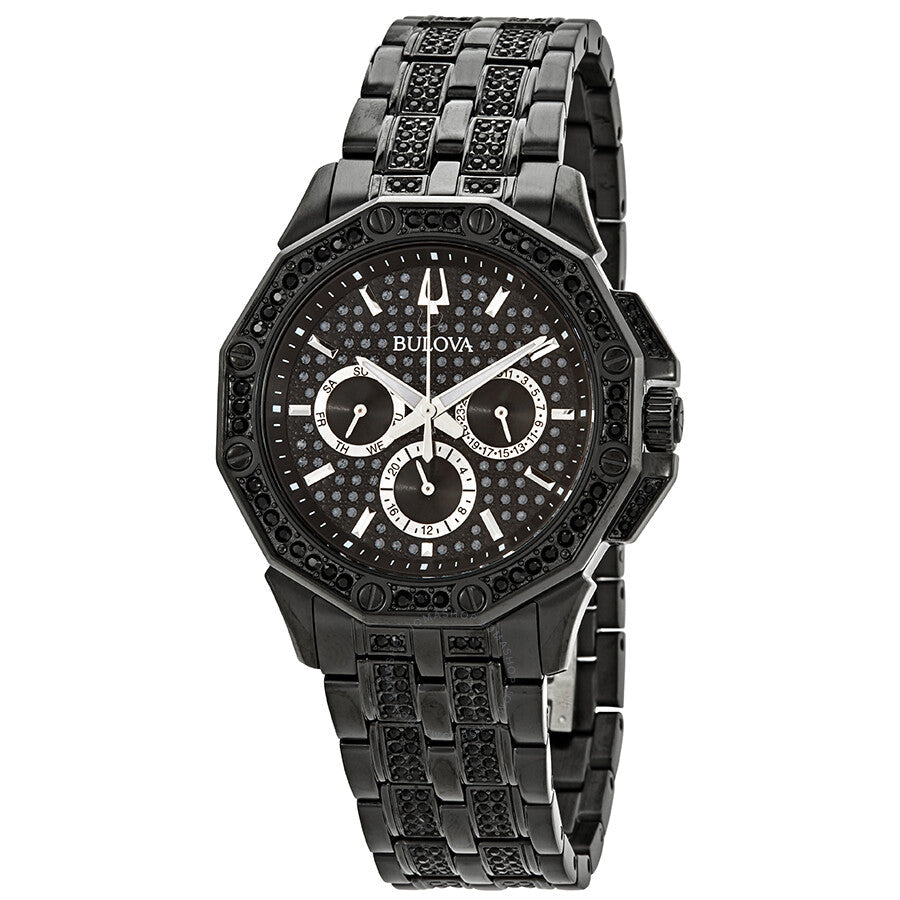 Bulova Octova Chronograph Crystal Black Dial Black Steel Strap Watch for Men - 98C134