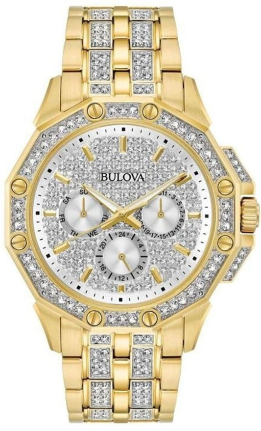 Bulova Crystal Collection Octova White Dial Gold Steel Strap Watch for Men - 98C126