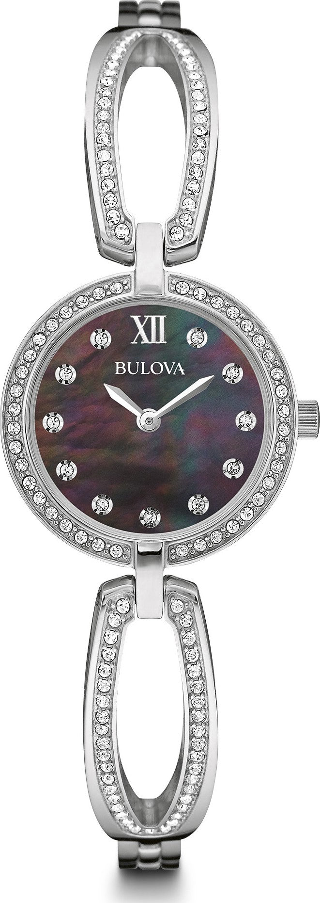 Bulova Crystal Black Mother of Pearl Dial Silver Steel Strap Watch for Women - 96L224