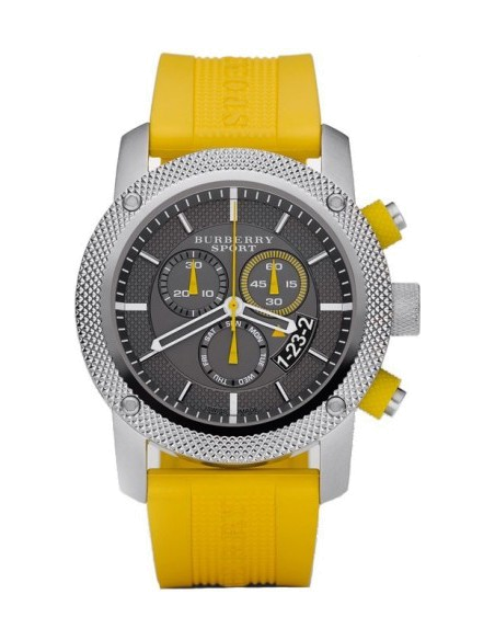 Burberry Sport Chronograph Grey Dial Yellow Rubber Strap Watch for Men - BU7712