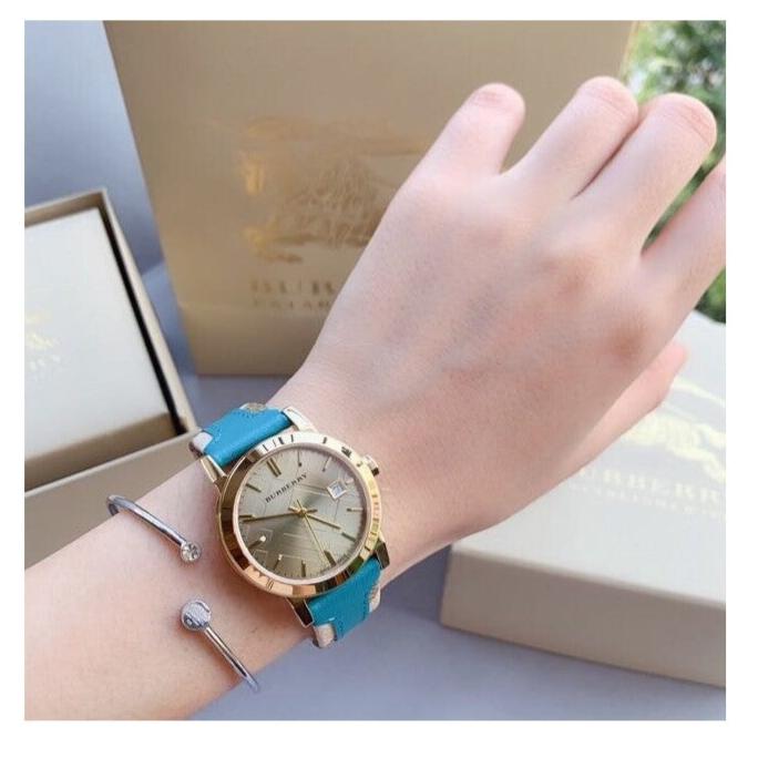 Burberry Heritage Gold Dial Blue Leather Strap Watch for Women - BU9112