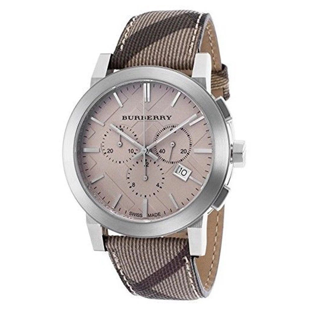 Burberry The City Smoke Beige Dial Checked Brown Leather Strap Watch for Men - BU9358