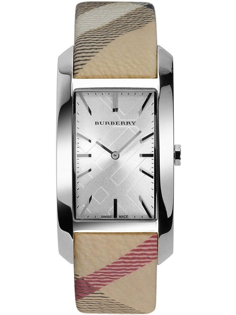 Burberry The Pioneer Silver Dial Haymarket Beige Leather Strap Watch for Women - BU9406