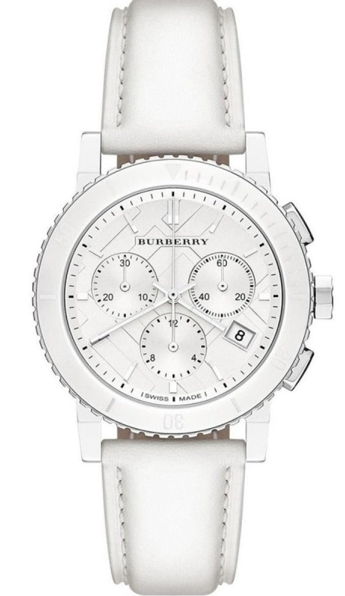 Burberry City Chronograph White Dial White Leather Strap Watch For Women - BU9701