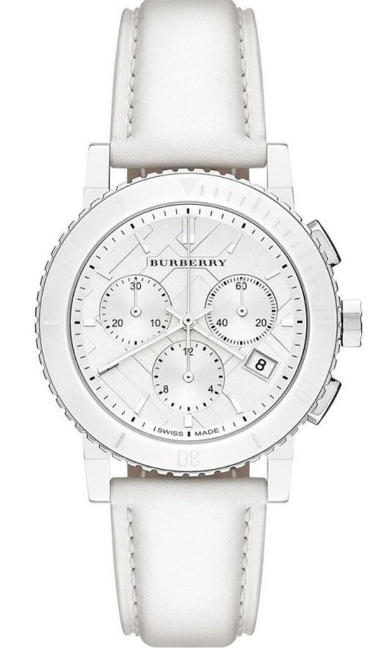 Burberry City Chronograph White Dial White Leather Strap Watch For Women - BU9701