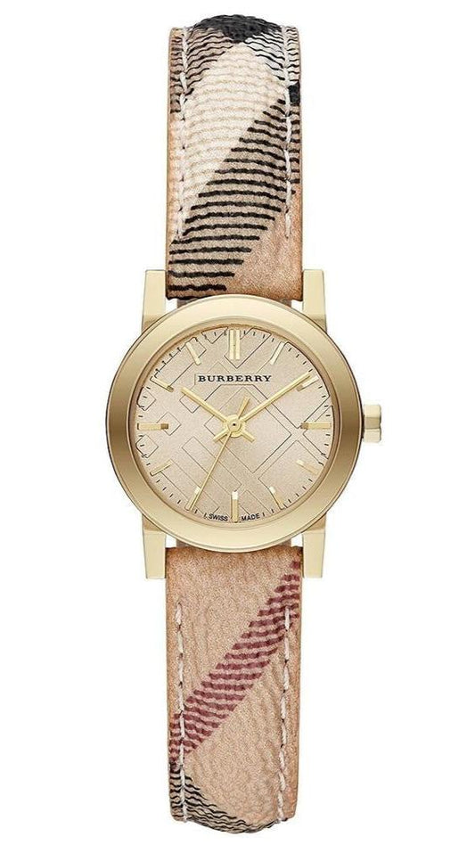 Burberry The City Gold Dial Haymarket Brown Leather Strap Watch for Women - BU9219