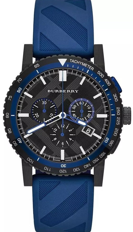 Burberry The City Sport Chronograph Black Dial Blue Rubber Strap Watch For Men - BU9807