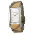 Burberry The Pioneer Silver Dial Haymarket Beige Leather Strap Watch for Women - BU9406