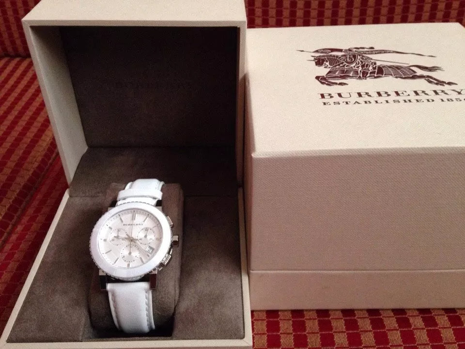 Burberry City Chronograph White Dial White Leather Strap Watch For Women - BU9701