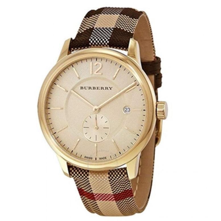 Burberry The Classic Round Gold Dial Brown Leather Strap Unisex Watch - BU10001