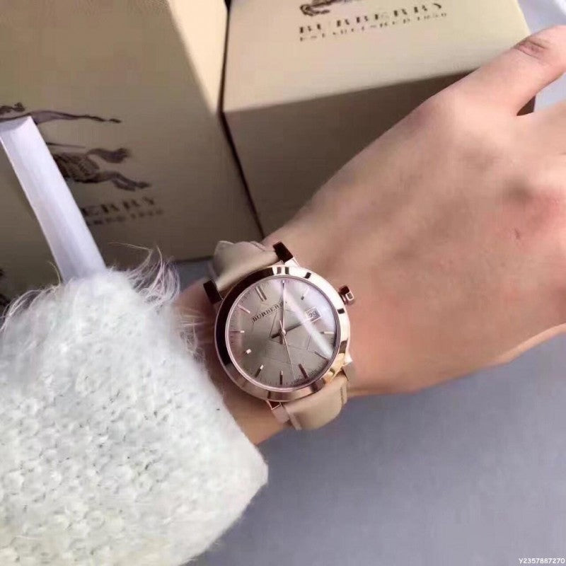 Burberry The City Rose Gold Dial Beige Leather Strap Watch for Women - BU9014