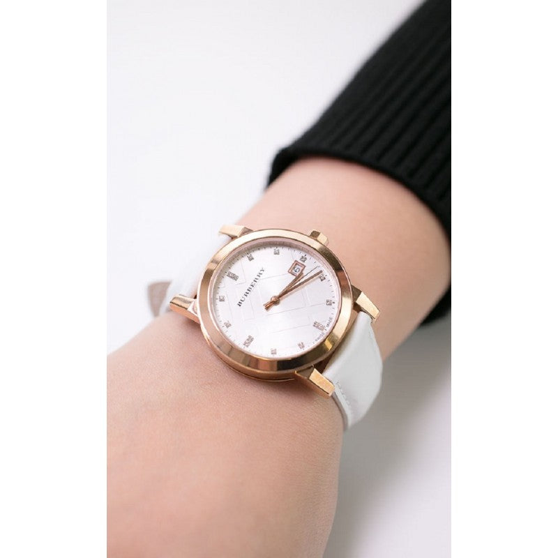 Burberry The City Silver Diamonds Dial White Leather Strap Watch for Women - BU9130