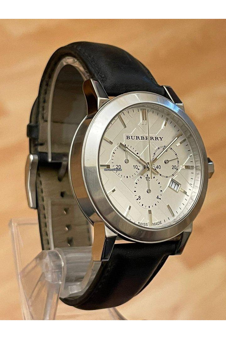 Burberry The City Chronograph White Dial Black Leather Strap Watch for Men - BU9355