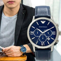 Emporio Armani Giovanni T Bar Chronograph Quartz Blue Dial Blue Leather Strap Watch For Men - AR11226