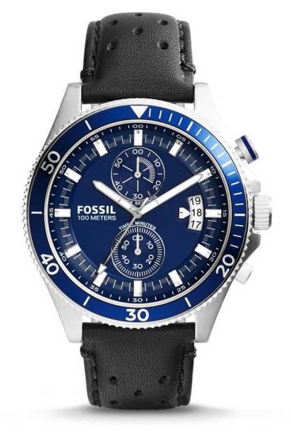 Fossil Wakefield Chronograph Blue Dial Black Leather Strap Watch for Women - CH2945