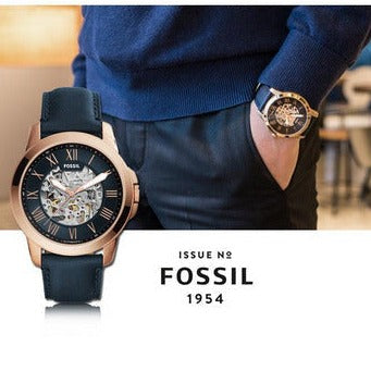 Fossil Grant Automatic Skeleton Navy Blue Dial Navy Blue Leather Strap Watch for Men - ME3102