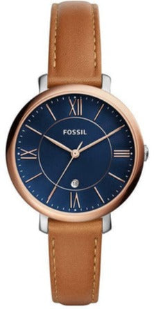 Fossil Jacqueline Date Luggage Blue Dial Brown Leather Strap Watch for Women - ES4274