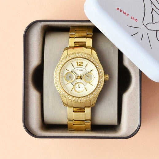 Fossil Stella Multifunction Gold Dial Gold Steel Strap Watch for Women - ES3589