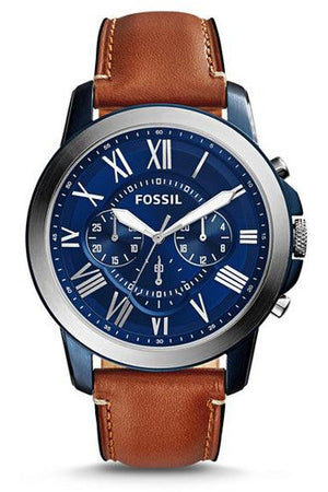 Fossil Grant Chronograph Blue Dial Brown Leather Strap Watch for Men - FS5210