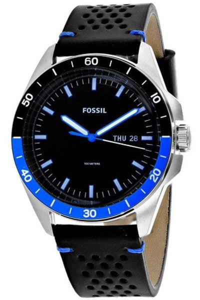 Fossil Sport 54 Day Date Black Dial Black Leather Strap Watch for Men - FS5321