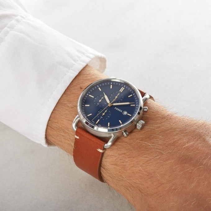 Fossil The Commuter Chronograph Blue Dial Brown Leather Strap Watch for Men - FS5401