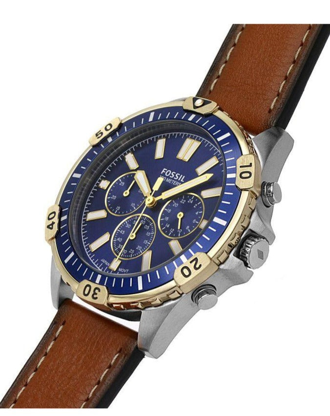 Fossil Garrett Chronograph Blue Dial Brown Leather Strap Watch for Men - FS5625