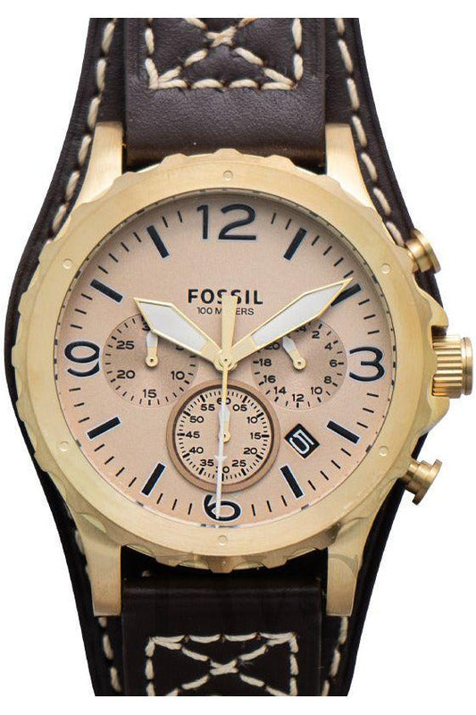 Fossil Nate Chronograph Gold Dial Brown Leather Strap Watch for Men - JR1495