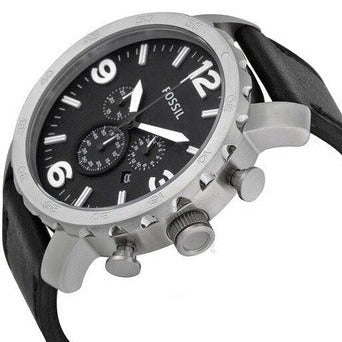 Fossil Nate Chronograph Black Dial Black Leather Strap Watch for Men - JR1436