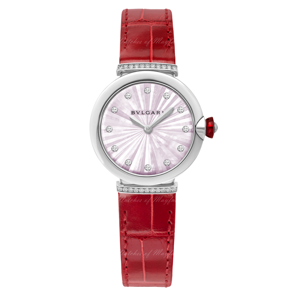 Bvlgari Lvcea Intarsio Diamonds Mother of Pearl Pink Dial Red Leather Strap Watch for Women - LVCEA103619